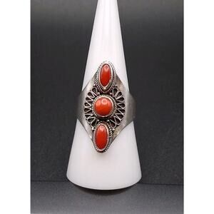 Red Coral Ring, size 8, Vintage, 925 Sterling Silver, Native American Style